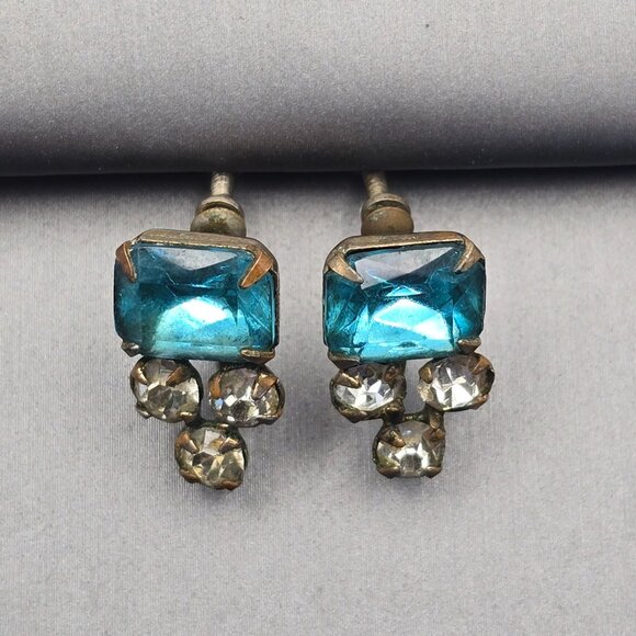 Vintage Aquamarine & Clear Paste Earrings | Screw-Back Glam Statement Jewelry - Picture 3 of 11
